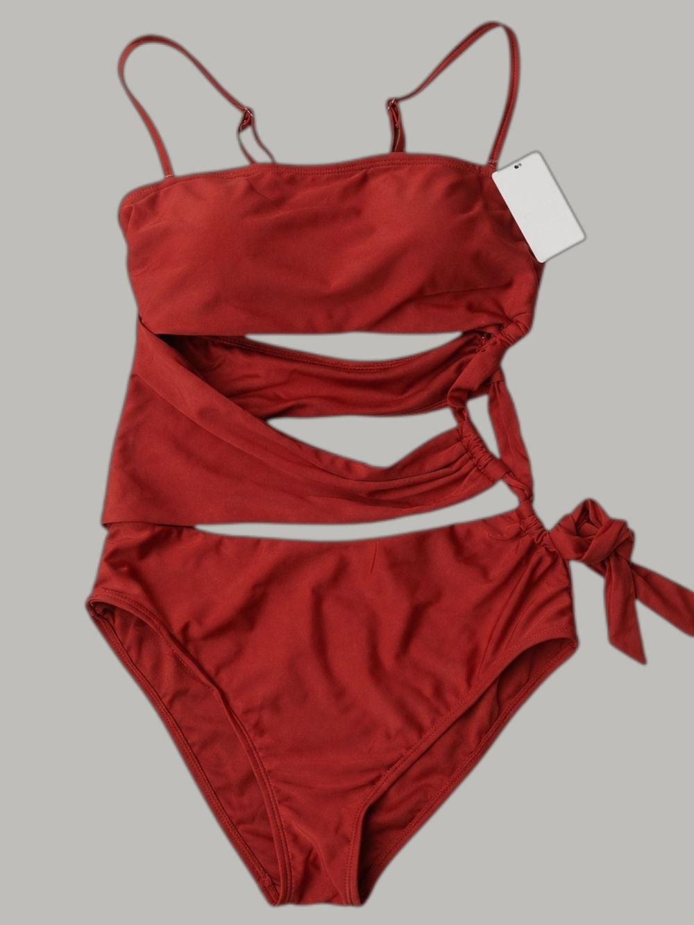 NWT Paprika Red Swimsuit Cut-Out Wrap Bandeau Top Side Tie Bottom Womens Small